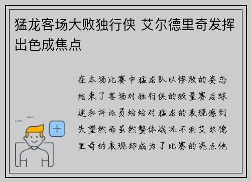 猛龙客场大败独行侠 艾尔德里奇发挥出色成焦点