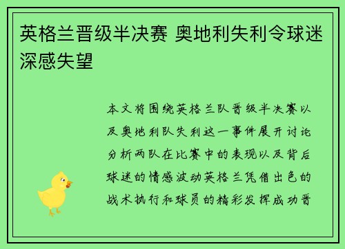 英格兰晋级半决赛 奥地利失利令球迷深感失望