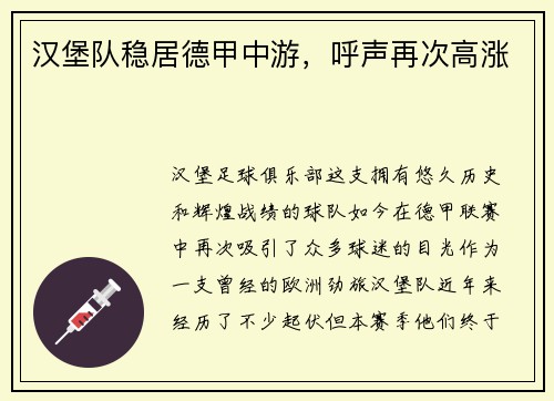 汉堡队稳居德甲中游，呼声再次高涨