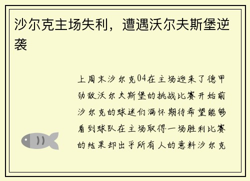 沙尔克主场失利，遭遇沃尔夫斯堡逆袭