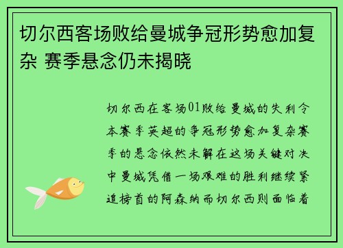 切尔西客场败给曼城争冠形势愈加复杂 赛季悬念仍未揭晓