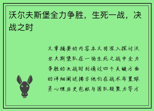 沃尔夫斯堡全力争胜，生死一战，决战之时
