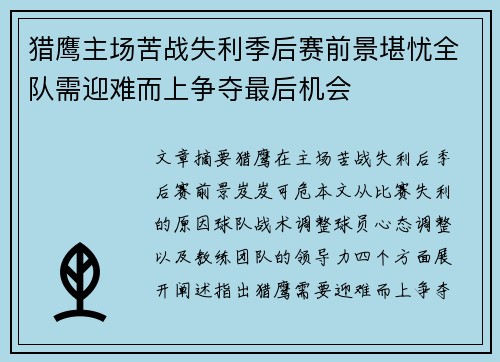 猎鹰主场苦战失利季后赛前景堪忧全队需迎难而上争夺最后机会