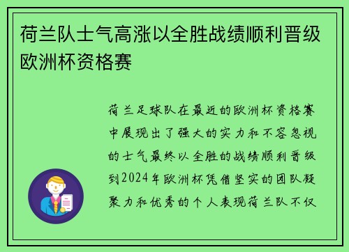 荷兰队士气高涨以全胜战绩顺利晋级欧洲杯资格赛