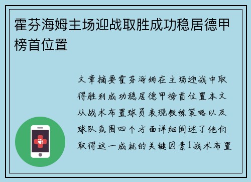 霍芬海姆主场迎战取胜成功稳居德甲榜首位置