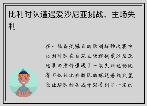 比利时队遭遇爱沙尼亚挑战，主场失利