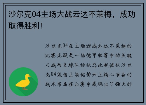 沙尔克04主场大战云达不莱梅，成功取得胜利！