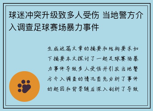 球迷冲突升级致多人受伤 当地警方介入调查足球赛场暴力事件