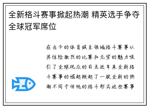 全新格斗赛事掀起热潮 精英选手争夺全球冠军席位