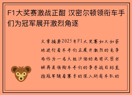 F1大奖赛激战正酣 汉密尔顿领衔车手们为冠军展开激烈角逐