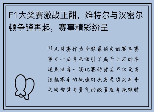 F1大奖赛激战正酣，维特尔与汉密尔顿争锋再起，赛事精彩纷呈