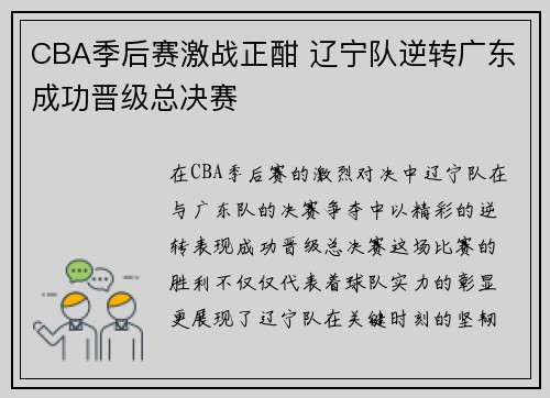 CBA季后赛激战正酣 辽宁队逆转广东成功晋级总决赛