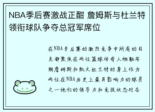 NBA季后赛激战正酣 詹姆斯与杜兰特领衔球队争夺总冠军席位