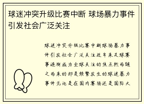 球迷冲突升级比赛中断 球场暴力事件引发社会广泛关注
