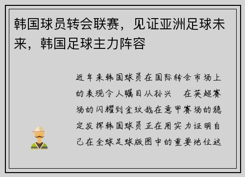 韩国球员转会联赛，见证亚洲足球未来，韩国足球主力阵容
